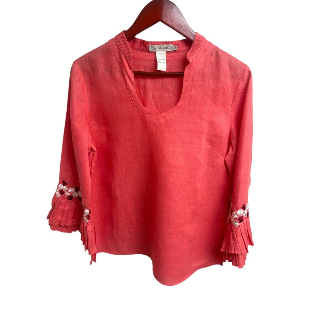 British India Coral Linen Embroidered Ruffle Bell Sleeve‎ Blouse